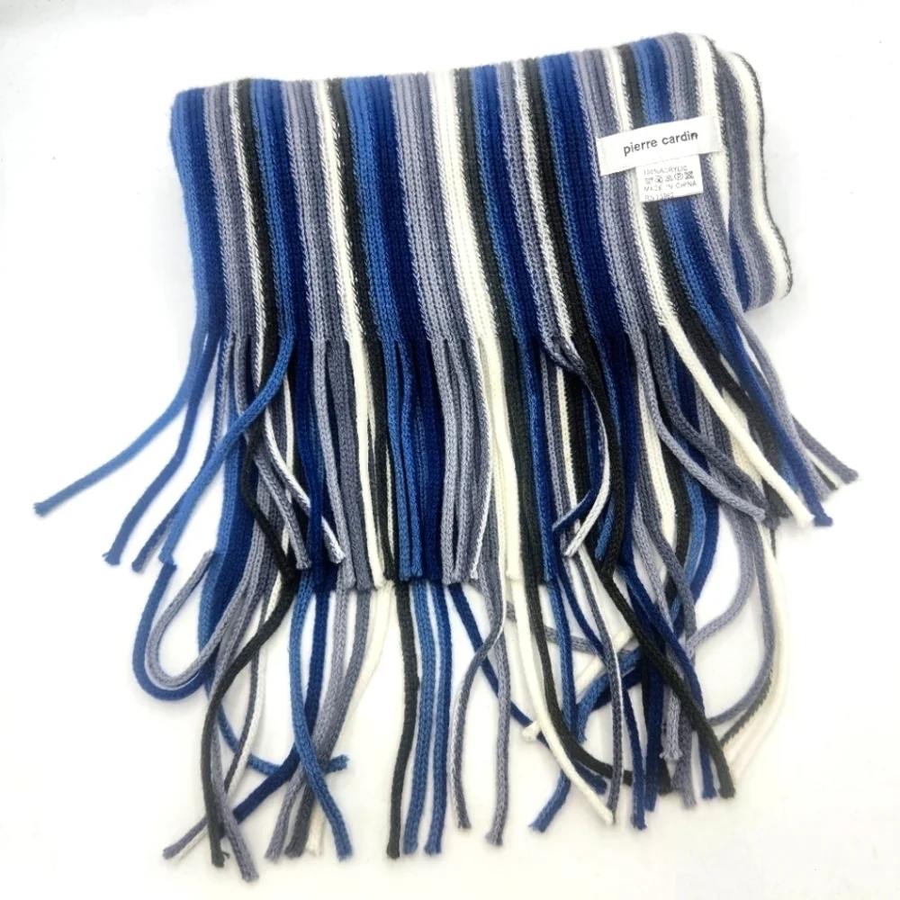 Pierre Cardin Vintage Stretch Blue Grey Brown White Stripe Crochet Fringed Scarf
